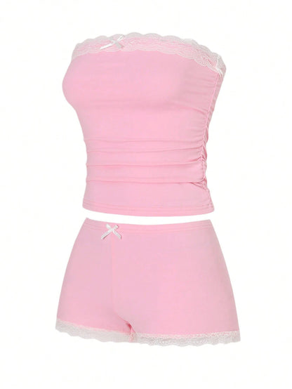 Vaclyn 2pcs/Set Pink Lace Patchwork Fitted Crop Top And Shorts