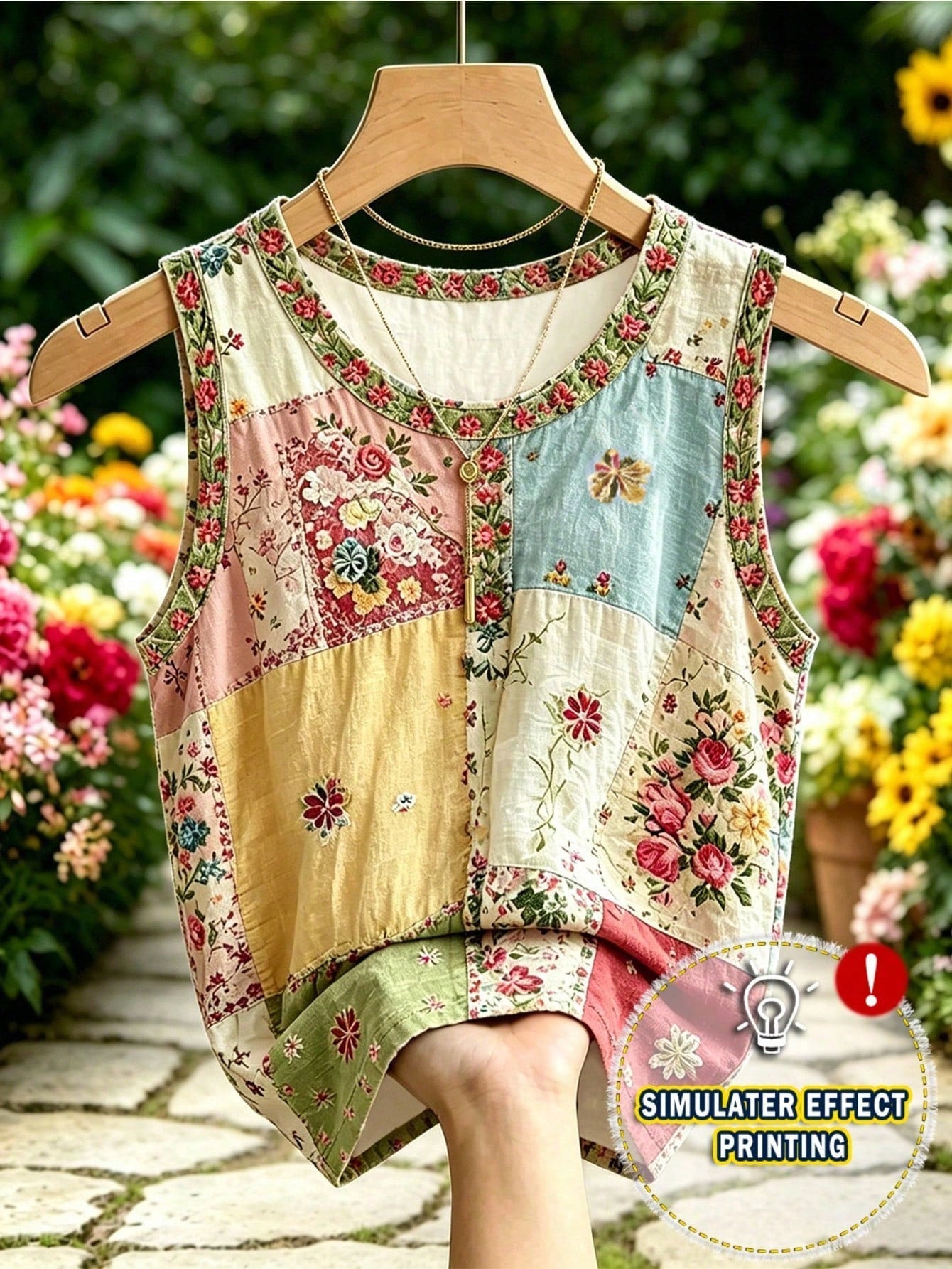Vaclyn Women's Patchwork Pattern Sleeveless Round Neck Button Casual Fashion Tank Top