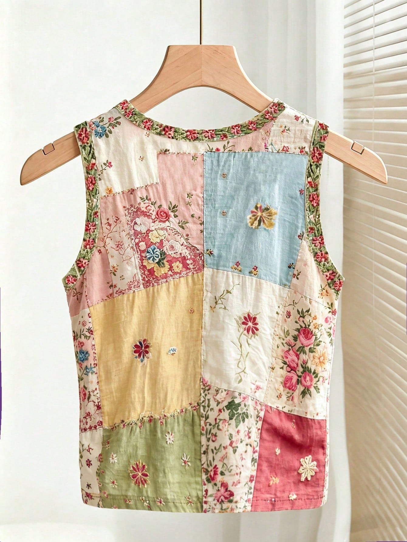 Vaclyn Women's Patchwork Pattern Sleeveless Round Neck Button Casual Fashion Tank Top