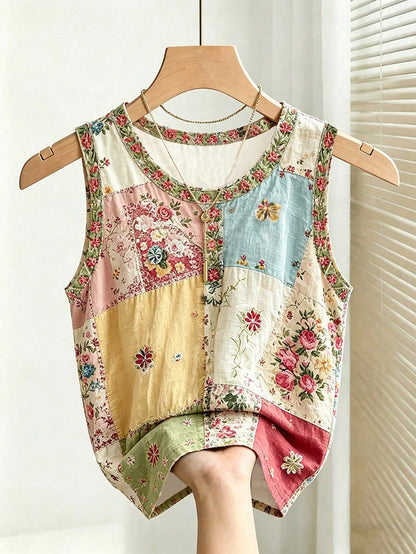 Vaclyn Women's Patchwork Pattern Sleeveless Round Neck Button Casual Fashion Tank Top