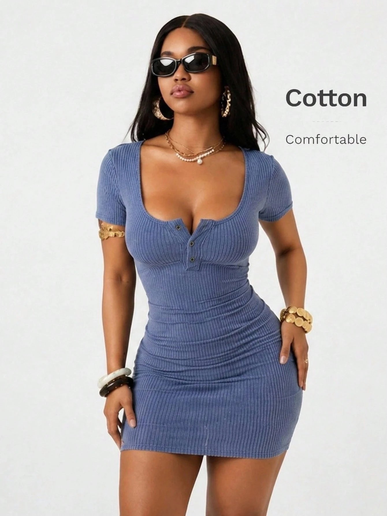 Vadaroq Women's Spring/Summer Grunge Preppy Casual Cotton Rib Knit Dirty Washed Button Down Fitted Short Dress,Summer Ribbed Blue Bodycon Tight