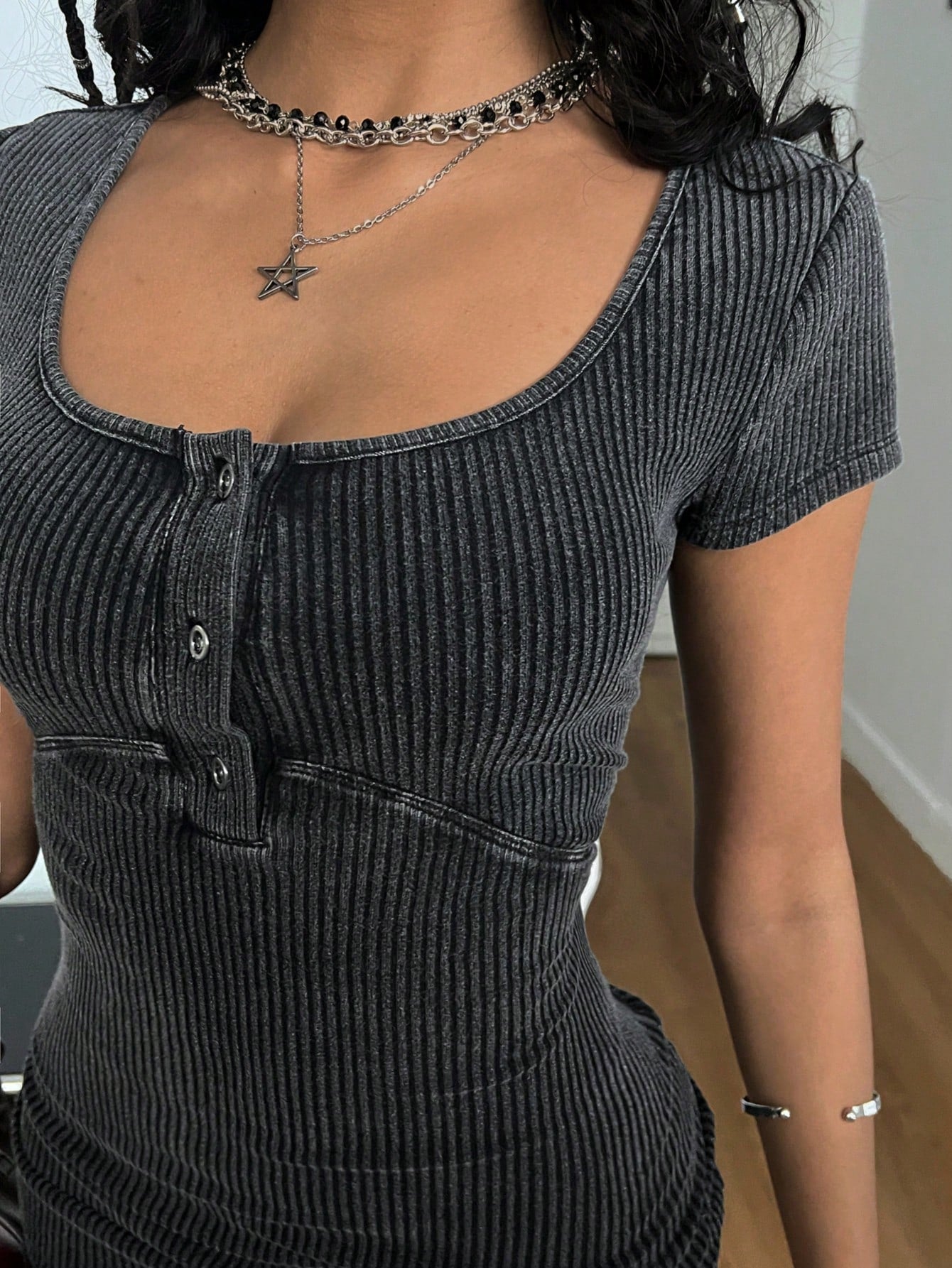 Vadaroq Women's Spring/Summer Grunge Preppy Casual Cotton Rib Knit Dirty Washed Button Down Fitted Short Dress,Summer Ribbed Blue Bodycon Tight