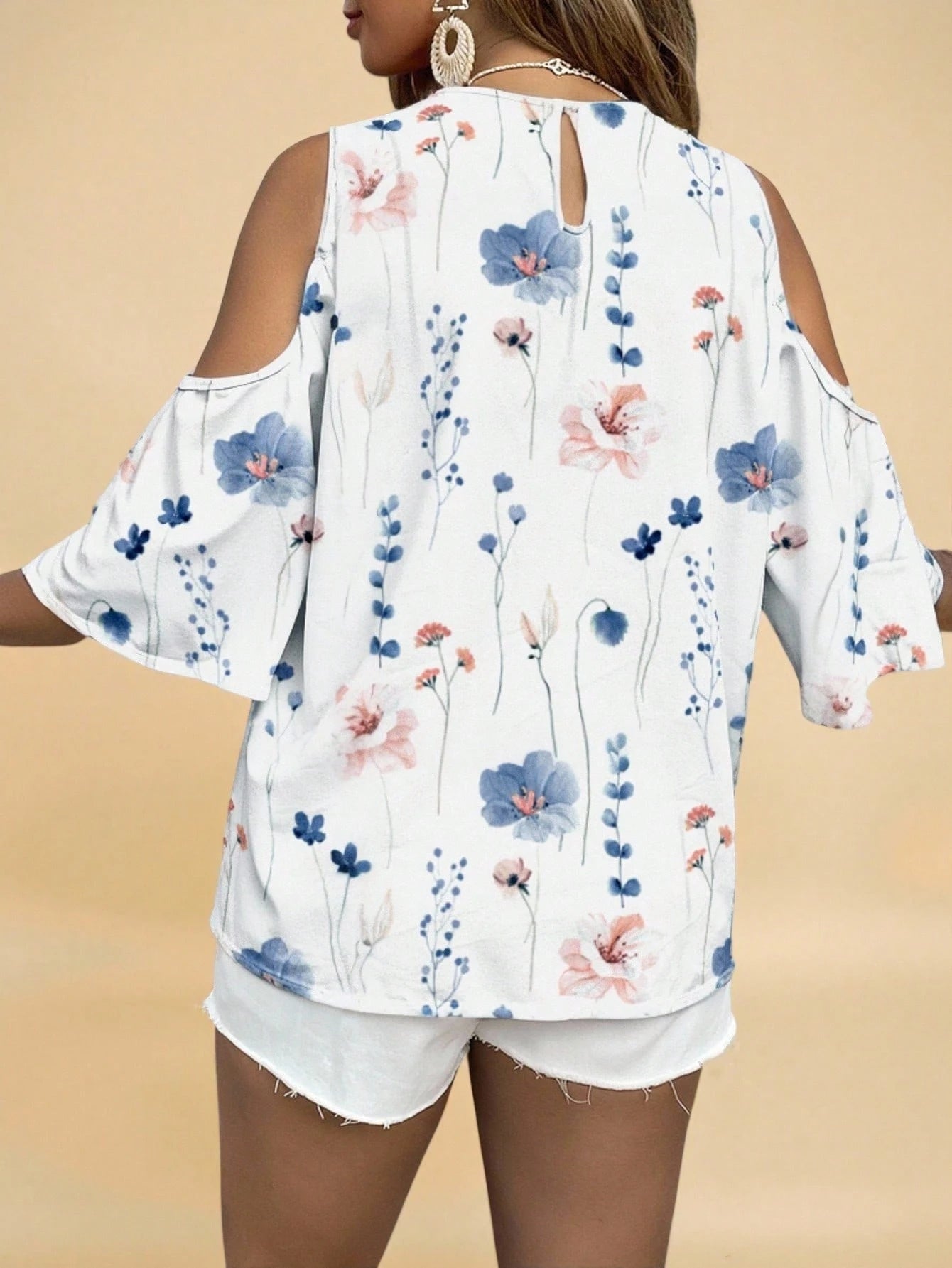 VCAY Plus Size Elegant White Blue And White Floral Off-Shoulder Keyhole Collar Shirt Women, Summer Vacation Holiday Bachelorette Party Evening Chic Blouses