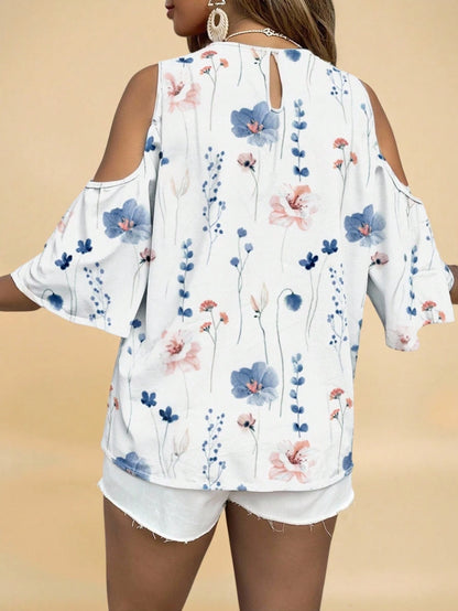 VCAY Plus Size Elegant White Blue And White Floral Off-Shoulder Keyhole Collar Shirt Women, Summer Vacation Holiday Bachelorette Party Evening Chic Blouses