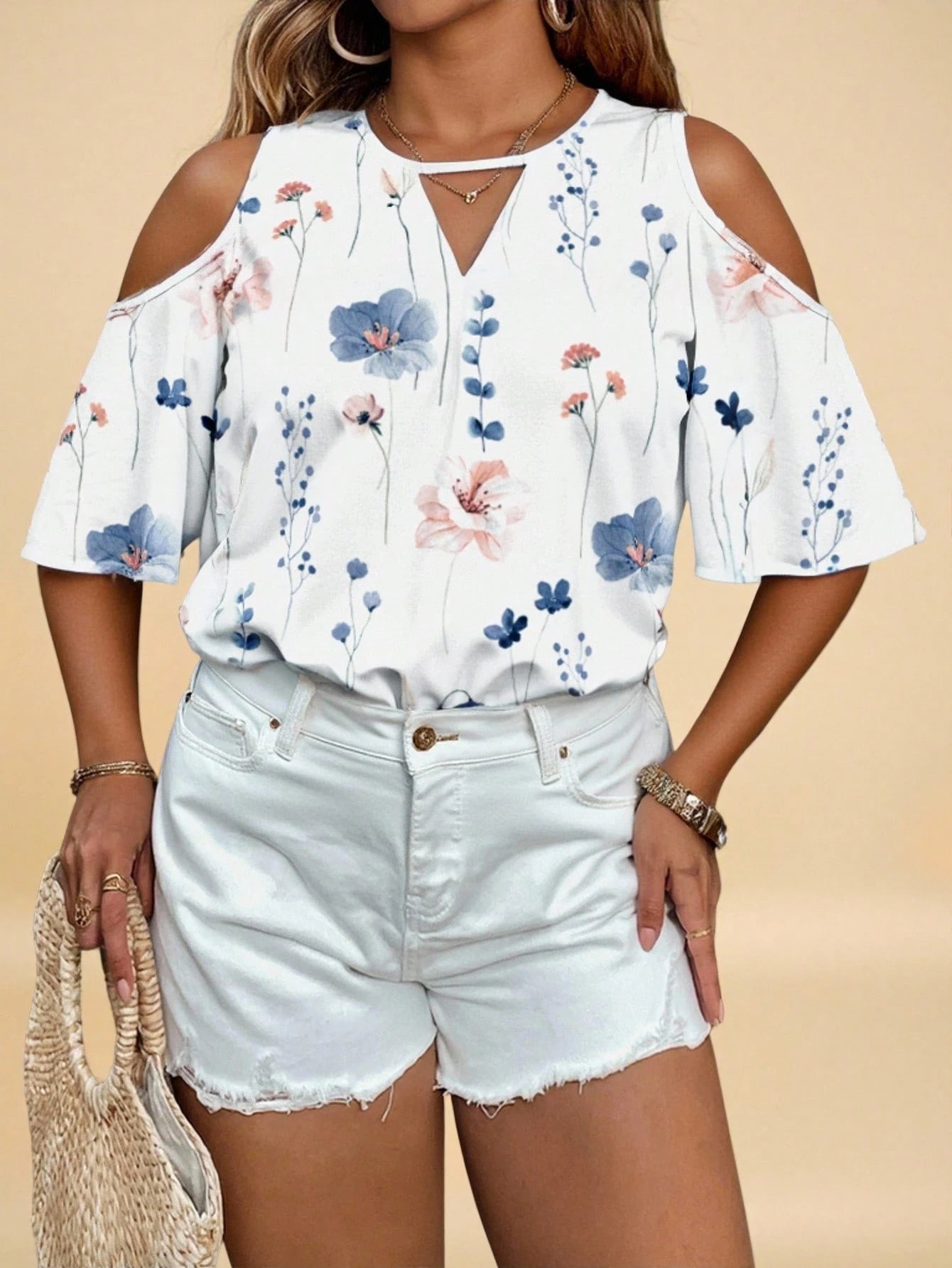 VCAY Plus Size Elegant White Blue And White Floral Off-Shoulder Keyhole Collar Shirt Women, Summer Vacation Holiday Bachelorette Party Evening Chic Blouses