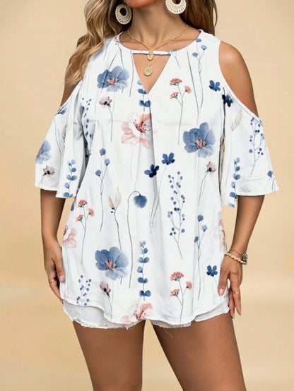 VCAY Plus Size Elegant White Blue And White Floral Off-Shoulder Keyhole Collar Shirt Women, Summer Vacation Holiday Bachelorette Party Evening Chic Blouses