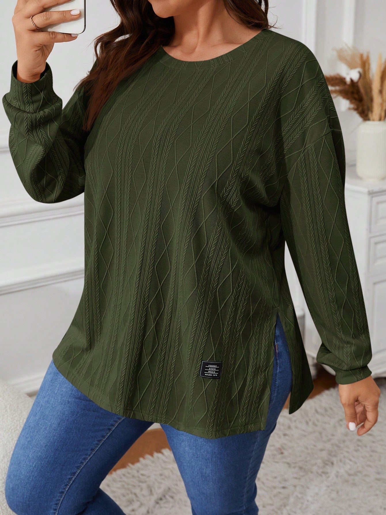 VCAY Plus Size Solid Color Round Neck Long Sleeve Split Hem Casual T-Shirt Fall