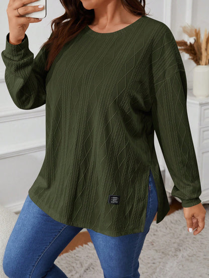 VCAY Plus Size Solid Color Round Neck Long Sleeve Split Hem Casual T-Shirt Fall