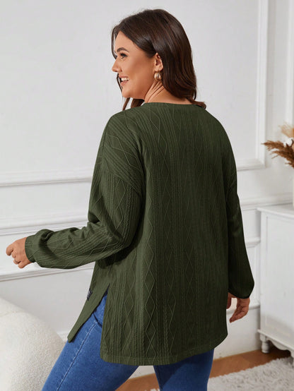 VCAY Plus Size Solid Color Round Neck Long Sleeve Split Hem Casual T-Shirt Fall