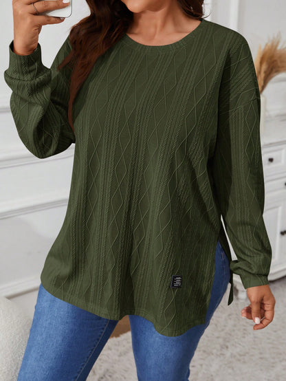 VCAY Plus Size Solid Color Round Neck Long Sleeve Split Hem Casual T-Shirt Fall
