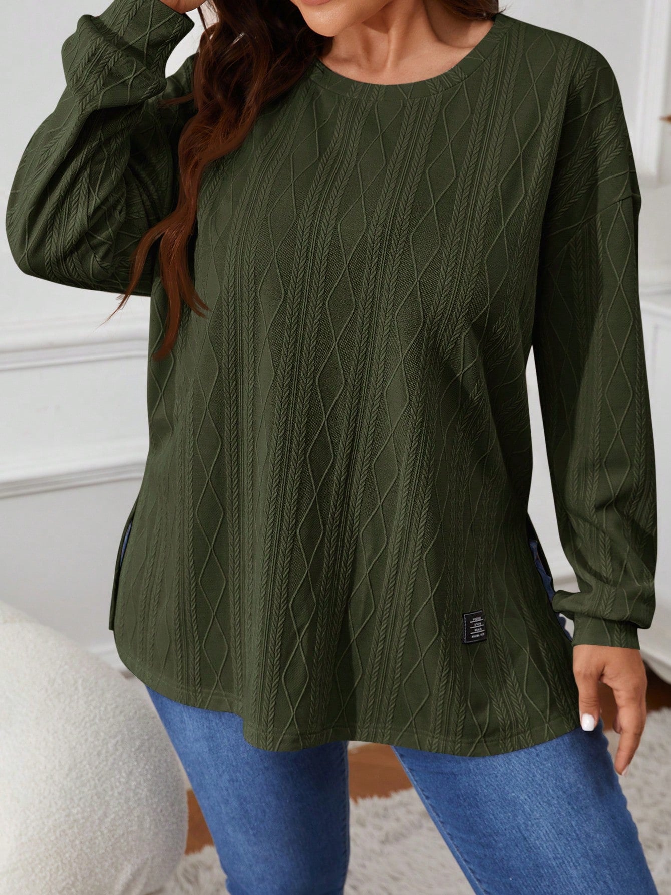 VCAY Plus Size Solid Color Round Neck Long Sleeve Split Hem Casual T-Shirt Fall