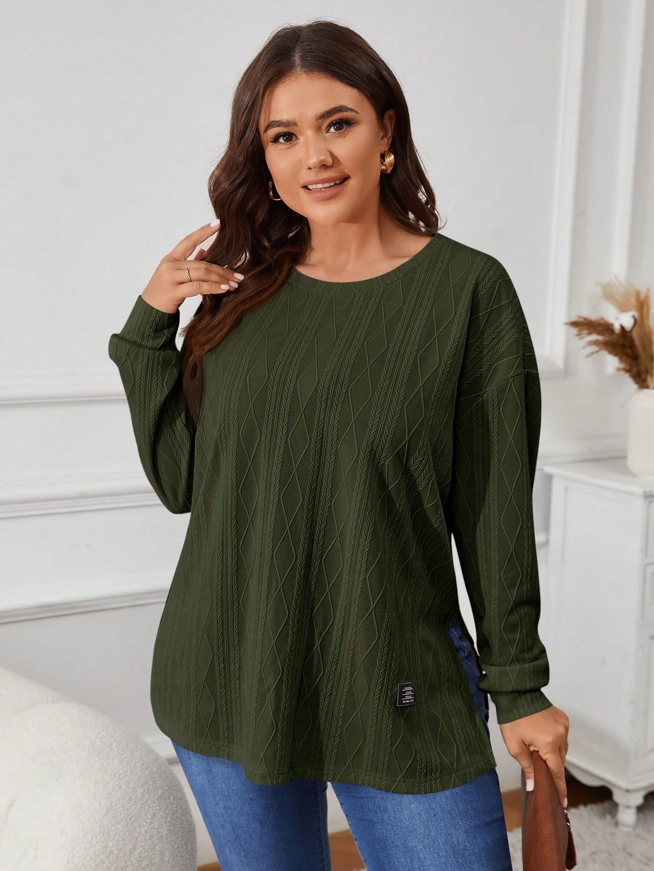 VCAY Plus Size Solid Color Round Neck Long Sleeve Split Hem Casual T-Shirt Fall