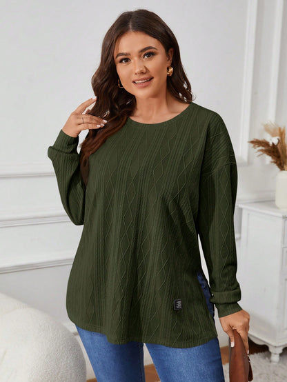 VCAY Plus Size Solid Color Round Neck Long Sleeve Split Hem Casual T-Shirt Fall