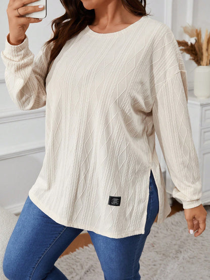 VCAY Plus Size Solid Color Round Neck Long Sleeve Split Hem Casual T-Shirt Fall