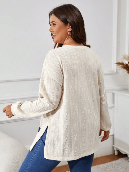 VCAY Plus Size Solid Color Round Neck Long Sleeve Split Hem Casual T-Shirt Fall