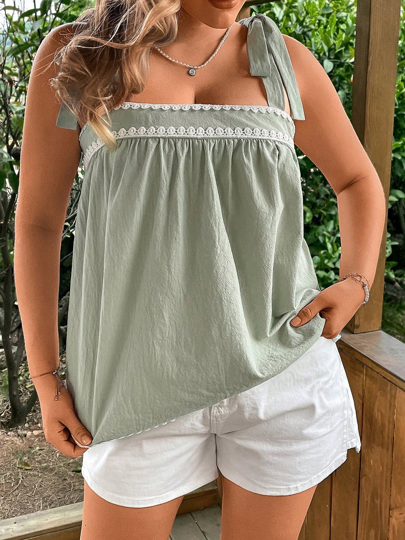 VCAY Plus Size Women Sage Green Summer Curve Knotted Shoulder Cami Tank Top,Loose Boho Party Holiday Festival Rave Bohemia Graduation Wedding Guest Tops