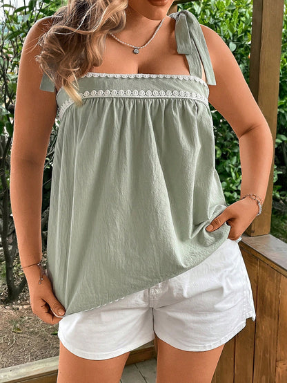 VCAY Plus Size Women Sage Green Summer Curve Knotted Shoulder Cami Tank Top,Loose Boho Party Holiday Festival Rave Bohemia Graduation Wedding Guest Tops