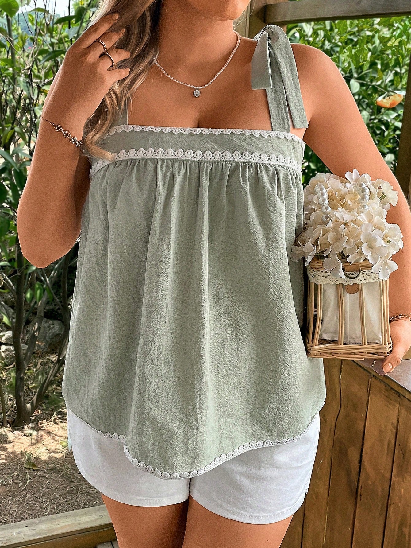 VCAY Plus Size Women Sage Green Summer Curve Knotted Shoulder Cami Tank Top,Loose Boho Party Holiday Festival Rave Bohemia Graduation Wedding Guest Tops