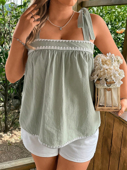 VCAY Plus Size Women Sage Green Summer Curve Knotted Shoulder Cami Tank Top,Loose Boho Party Holiday Festival Rave Bohemia Graduation Wedding Guest Tops