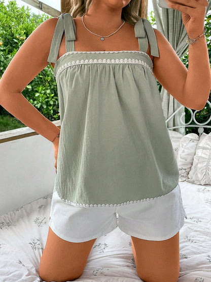 VCAY Plus Size Women Sage Green Summer Curve Knotted Shoulder Cami Tank Top,Loose Boho Party Holiday Festival Rave Bohemia Graduation Wedding Guest Tops