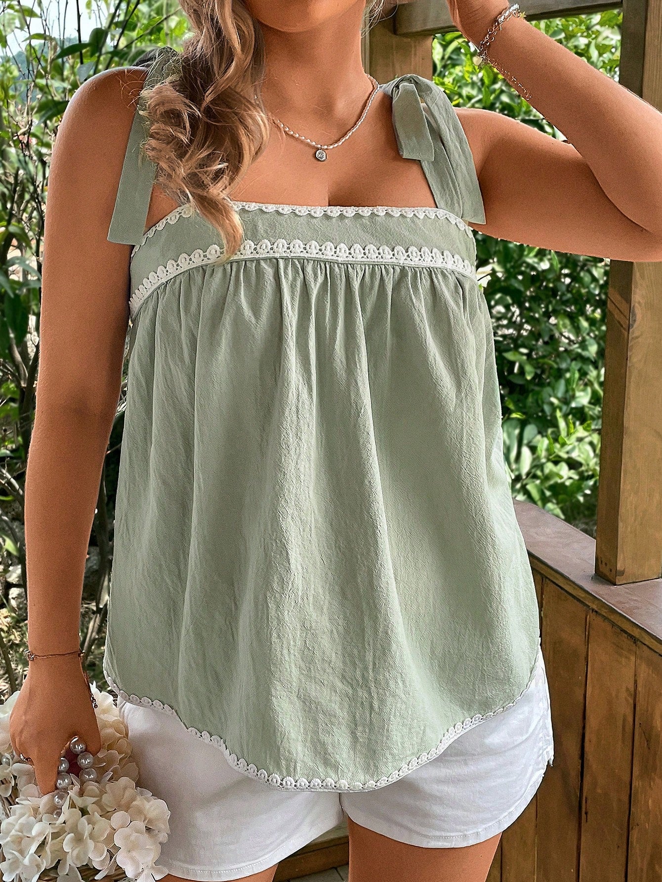 VCAY Plus Size Women Sage Green Summer Curve Knotted Shoulder Cami Tank Top,Loose Boho Party Holiday Festival Rave Bohemia Graduation Wedding Guest Tops