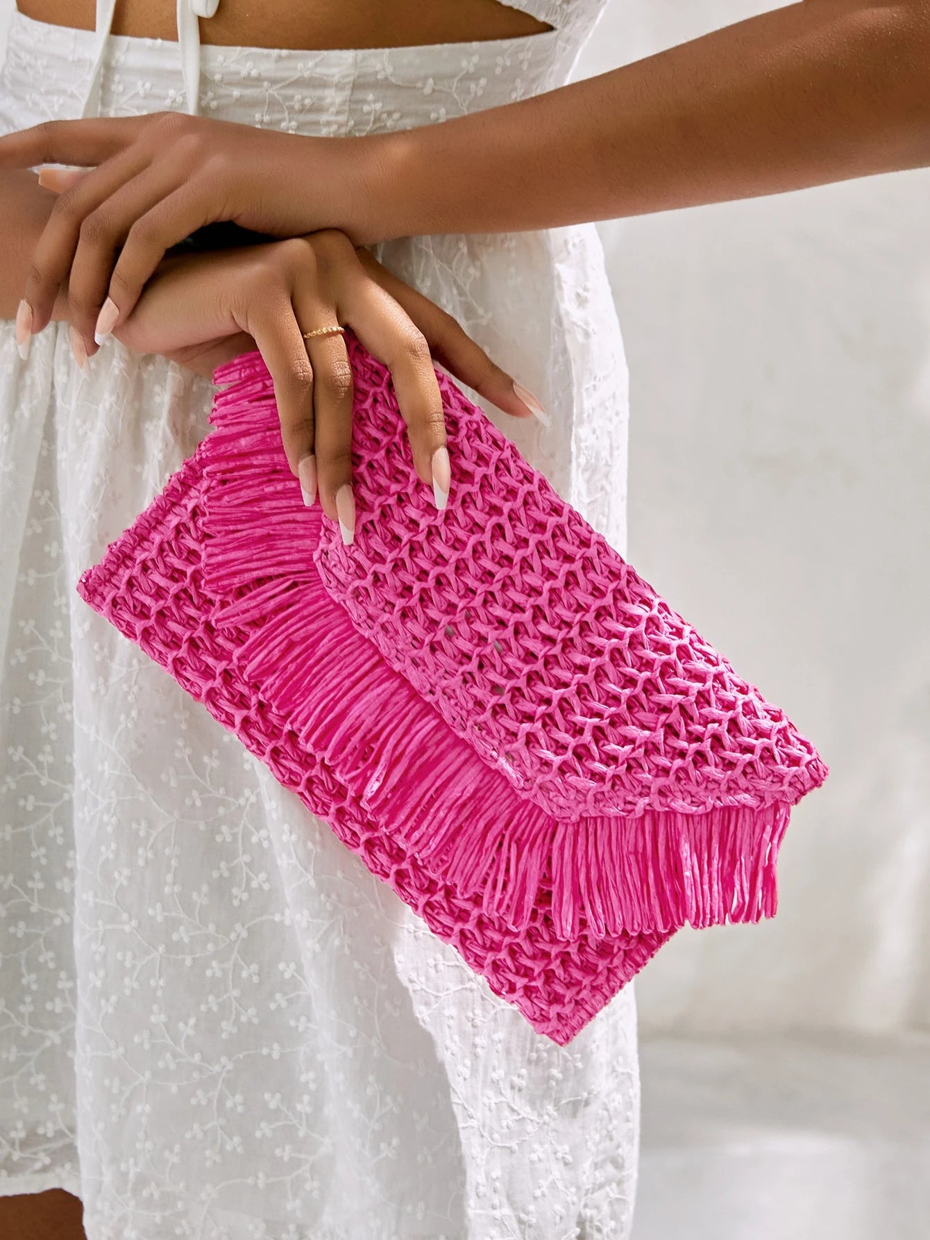 VCAY Straw Woven Bag, Teens Plain Color Fringe Flap Simple Fashion, Wedding, Summer,Bride