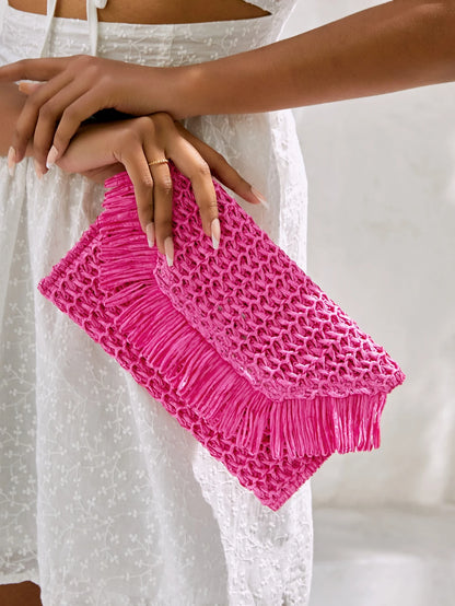 VCAY Straw Woven Bag, Teens Plain Color Fringe Flap Simple Fashion, Wedding, Summer,Bride