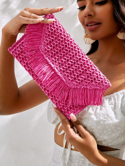 VCAY Straw Woven Bag, Teens Plain Color Fringe Flap Simple Fashion, Wedding, Summer,Bride