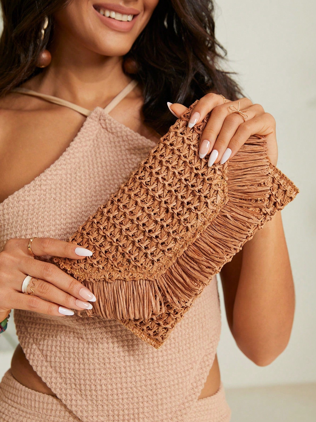VCAY Straw Woven Bag, Teens Plain Color Fringe Flap Simple Fashion, Wedding, Summer,Bride