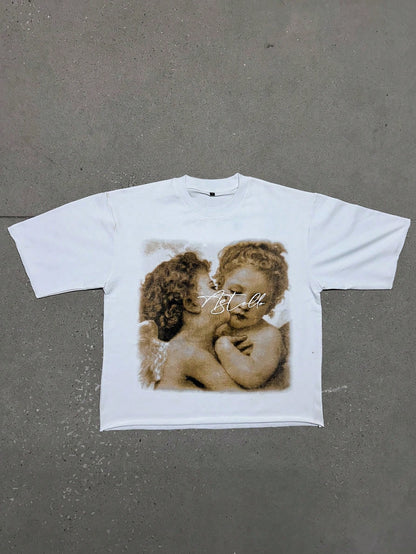 Vintage Art Classic "Angel Children" Short Sleeve T-Shirt, Summer Street Style Short Sleeve T-Shirt, Cool Design Retro Men's Daily Top