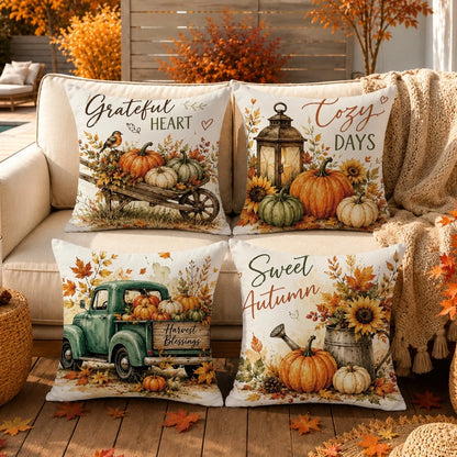 Vintage Autumn Pumpkin Truck Cushion Cover 4pcs Set, Single-Sided Printed Peach Skin Polyester Material, 45*45CM Pillowcase For Modern Fabric Sofa Indoor Decor, Party Decoration, Gift Giving
