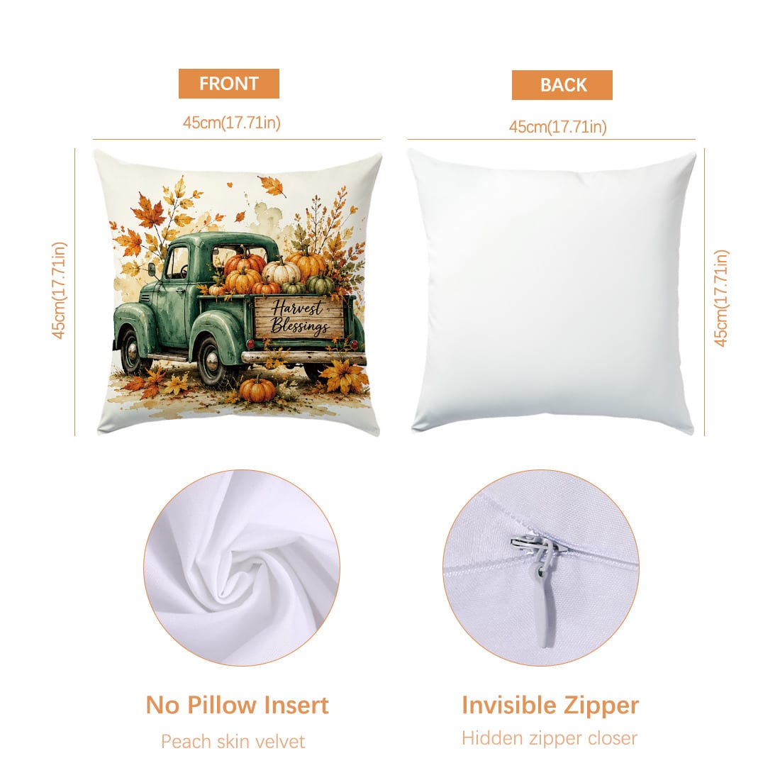 Vintage Autumn Pumpkin Truck Cushion Cover 4pcs Set, Single-Sided Printed Peach Skin Polyester Material, 45*45CM Pillowcase For Modern Fabric Sofa Indoor Decor, Party Decoration, Gift Giving