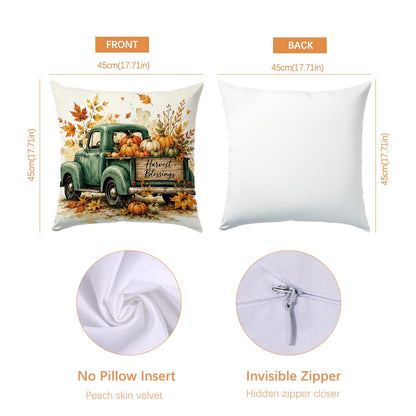 Vintage Autumn Pumpkin Truck Cushion Cover 4pcs Set, Single-Sided Printed Peach Skin Polyester Material, 45*45CM Pillowcase For Modern Fabric Sofa Indoor Decor, Party Decoration, Gift Giving