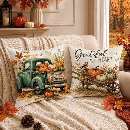 Vintage Autumn Pumpkin Truck Cushion Cover 4pcs Set, Single-Sided Printed Peach Skin Polyester Material, 45*45CM Pillowcase For Modern Fabric Sofa Indoor Decor, Party Decoration, Gift Giving