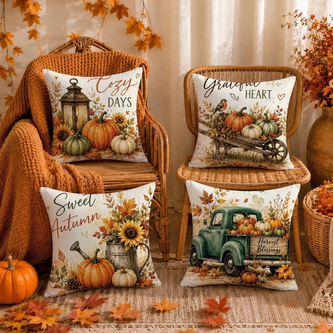 Vintage Autumn Pumpkin Truck Cushion Cover 4pcs Set, Single-Sided Printed Peach Skin Polyester Material, 45*45CM Pillowcase For Modern Fabric Sofa Indoor Decor, Party Decoration, Gift Giving