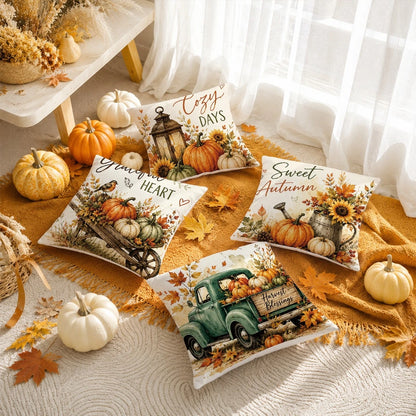 Vintage Autumn Pumpkin Truck Cushion Cover 4pcs Set, Single-Sided Printed Peach Skin Polyester Material, 45*45CM Pillowcase For Modern Fabric Sofa Indoor Decor, Party Decoration, Gift Giving
