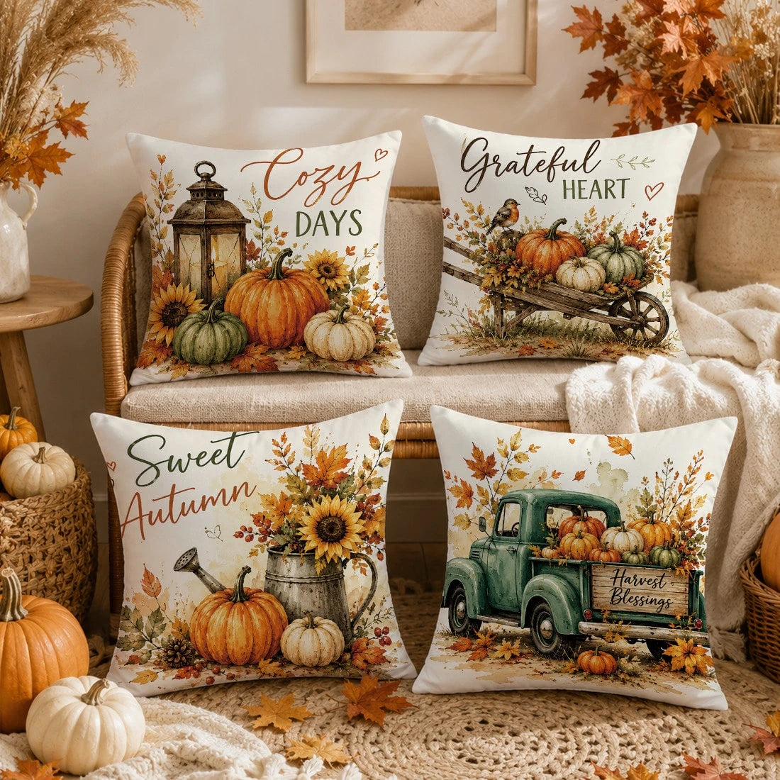 Vintage Autumn Pumpkin Truck Cushion Cover 4pcs Set, Single-Sided Printed Peach Skin Polyester Material, 45*45CM Pillowcase For Modern Fabric Sofa Indoor Decor, Party Decoration, Gift Giving