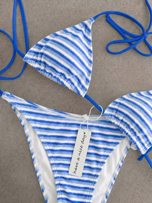 Vintage Blue & White Striped Tie Strap Bikini Set, Sexy Push-Up High Waist Slimming 2-Piece Beach Swimsuit, Suitable For Women's Summer Vacation