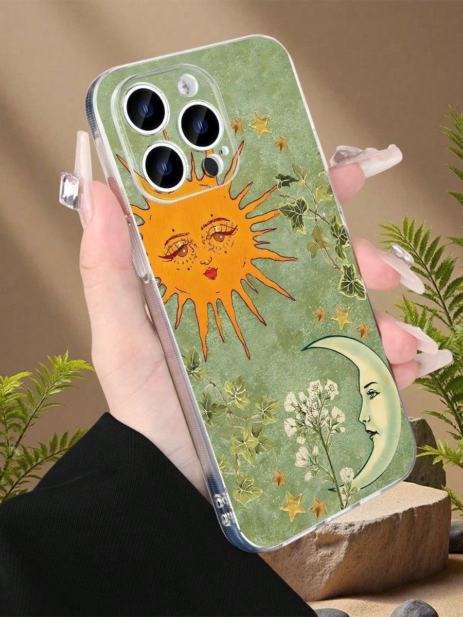 Vintage Sun Moon Floral Print Phone Case For IPhone 17 16 15 14 13 12 11 8 7 X XS XR XSMAX Boho Aesthetic Protective Cover For Women Girls