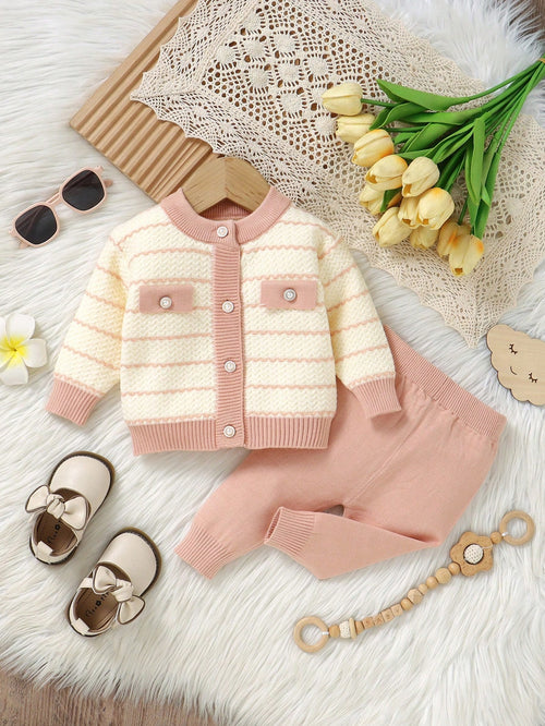 Vintaside Kids 2pcs Baby Girl Pink And White Striped,Autumn,Elegant,Party Long Sleeve Cardigan With Fake Pocket & Knitted Pants Set,Soft Comfortable Infant Clothes