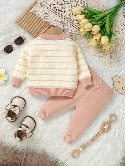 Vintaside Kids 2pcs Baby Girl Pink And White Striped,Autumn,Elegant,Party Long Sleeve Cardigan With Fake Pocket & Knitted Pants Set,Soft Comfortable Infant Clothes