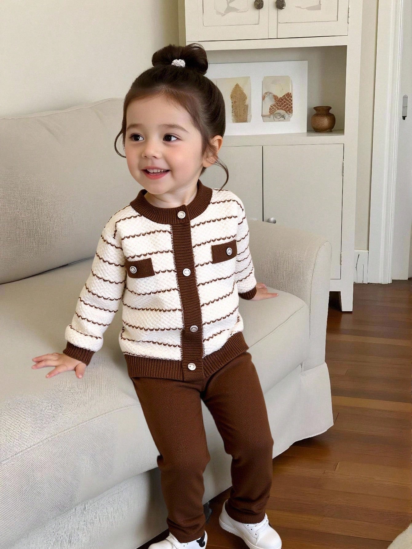Vintaside Kids 2pcs Baby Girl Pink And White Striped,Autumn,Elegant,Party Long Sleeve Cardigan With Fake Pocket & Knitted Pants Set,Soft Comfortable Infant Clothes