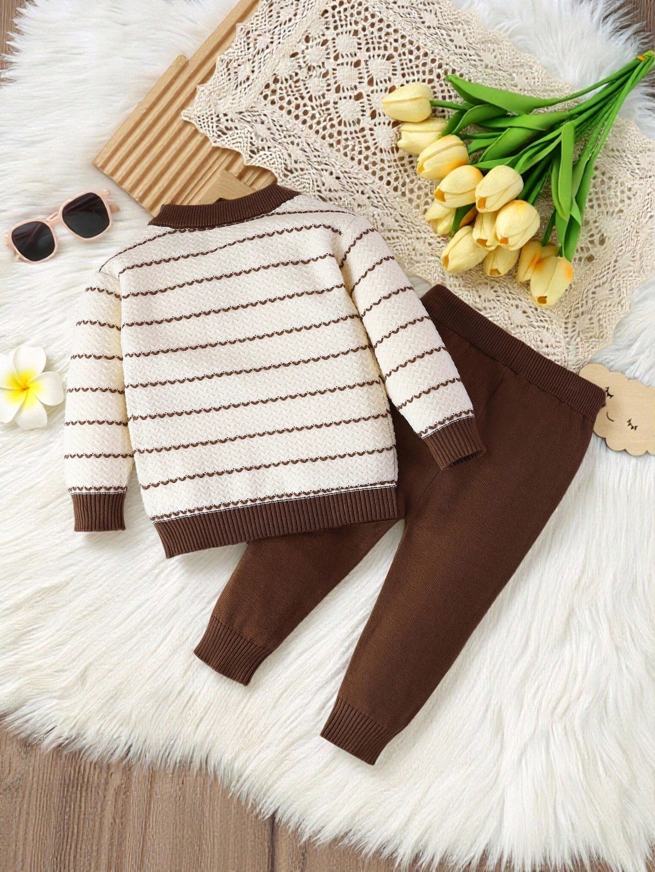 Vintaside Kids 2pcs Baby Girl Pink And White Striped,Autumn,Elegant,Party Long Sleeve Cardigan With Fake Pocket & Knitted Pants Set,Soft Comfortable Infant Clothes