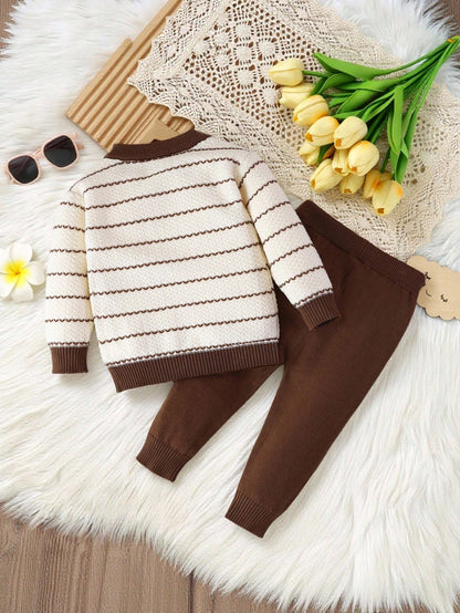 Vintaside Kids 2pcs Baby Girl Pink And White Striped,Autumn,Elegant,Party Long Sleeve Cardigan With Fake Pocket & Knitted Pants Set,Soft Comfortable Infant Clothes