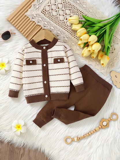 Vintaside Kids 2pcs Baby Girl Pink And White Striped,Autumn,Elegant,Party Long Sleeve Cardigan With Fake Pocket & Knitted Pants Set,Soft Comfortable Infant Clothes