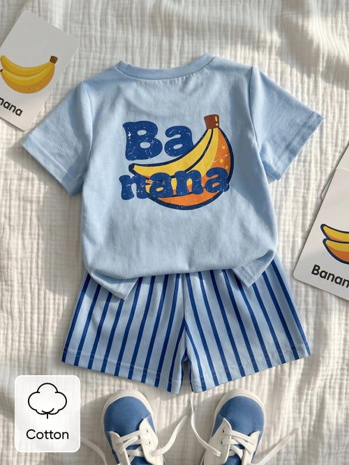 Vintaside Kids 2pcs Infant Toddler Baby Boys' T-Shirt Set Cute Banana Fruit Print Light Blue Summer Casual Outfit Beach Holiday Plaid Clothes Fashionable Boy Sets