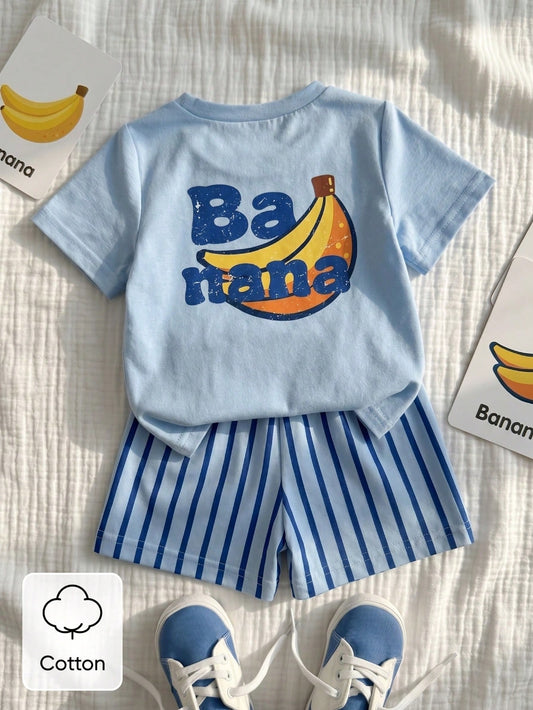 Vintaside Kids 2pcs Infant Toddler Baby Boys' T-Shirt Set Cute Banana Fruit Print Light Blue Summer Casual Outfit Beach Holiday Plaid Clothes Fashionable Boy Sets
