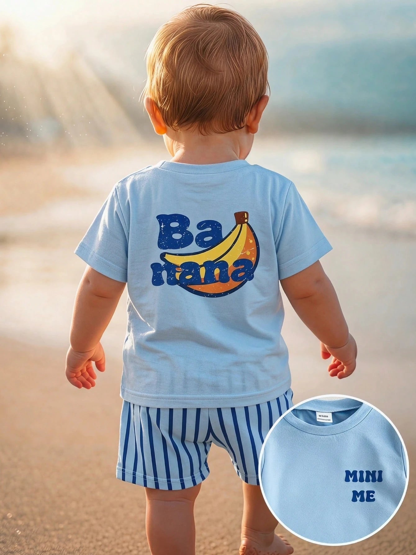 Vintaside Kids 2pcs Infant Toddler Baby Boys' T-Shirt Set Cute Banana Fruit Print Light Blue Summer Casual Outfit Beach Holiday Plaid Clothes Fashionable Boy Sets