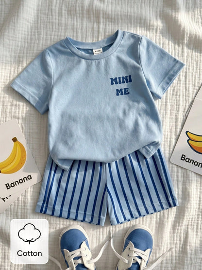 Vintaside Kids 2pcs Infant Toddler Baby Boys' T-Shirt Set Cute Banana Fruit Print Light Blue Summer Casual Outfit Beach Holiday Plaid Clothes Fashionable Boy Sets