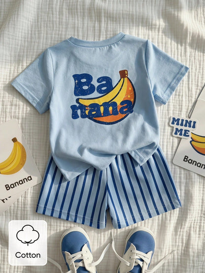 Vintaside Kids 2pcs Infant Toddler Baby Boys' T-Shirt Set Cute Banana Fruit Print Light Blue Summer Casual Outfit Beach Holiday Plaid Clothes Fashionable Boy Sets